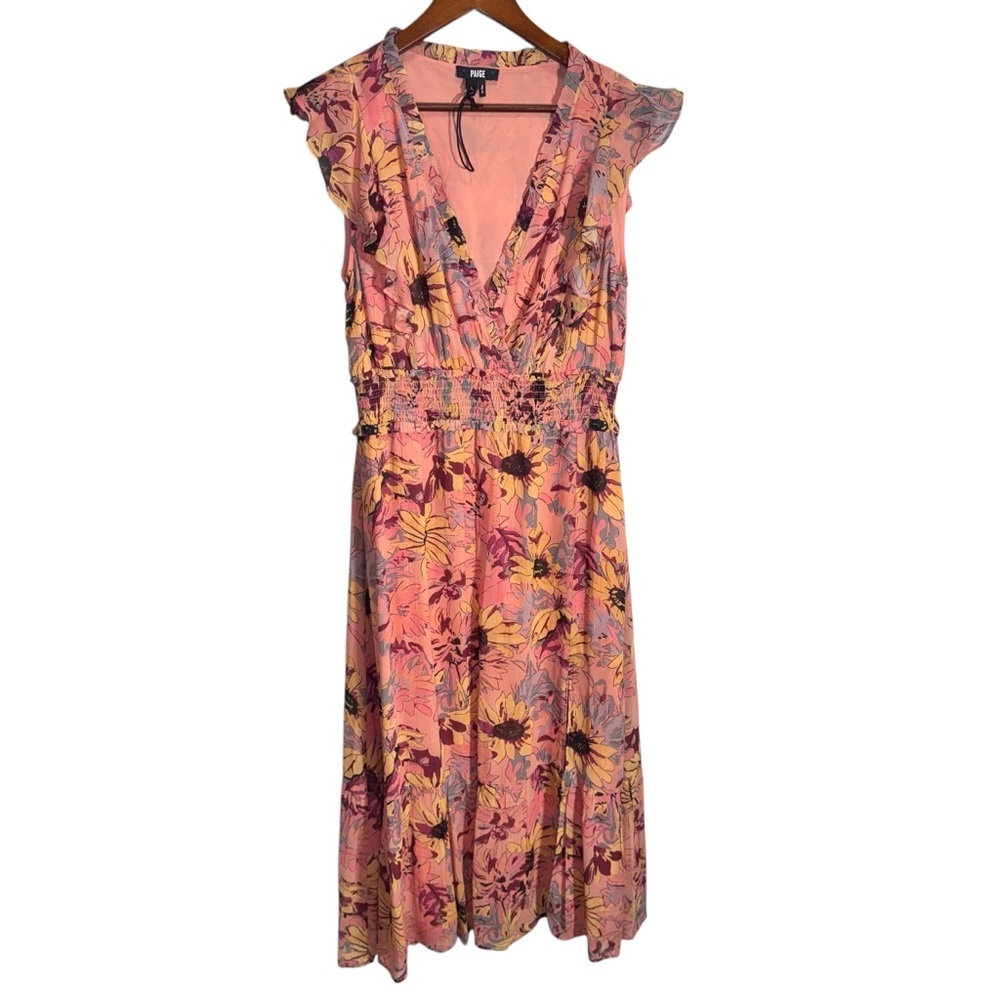 PAIGE Katharina Floral Silk Midi Dress Size Large Ruffle Feminine - Picture 7 of 16